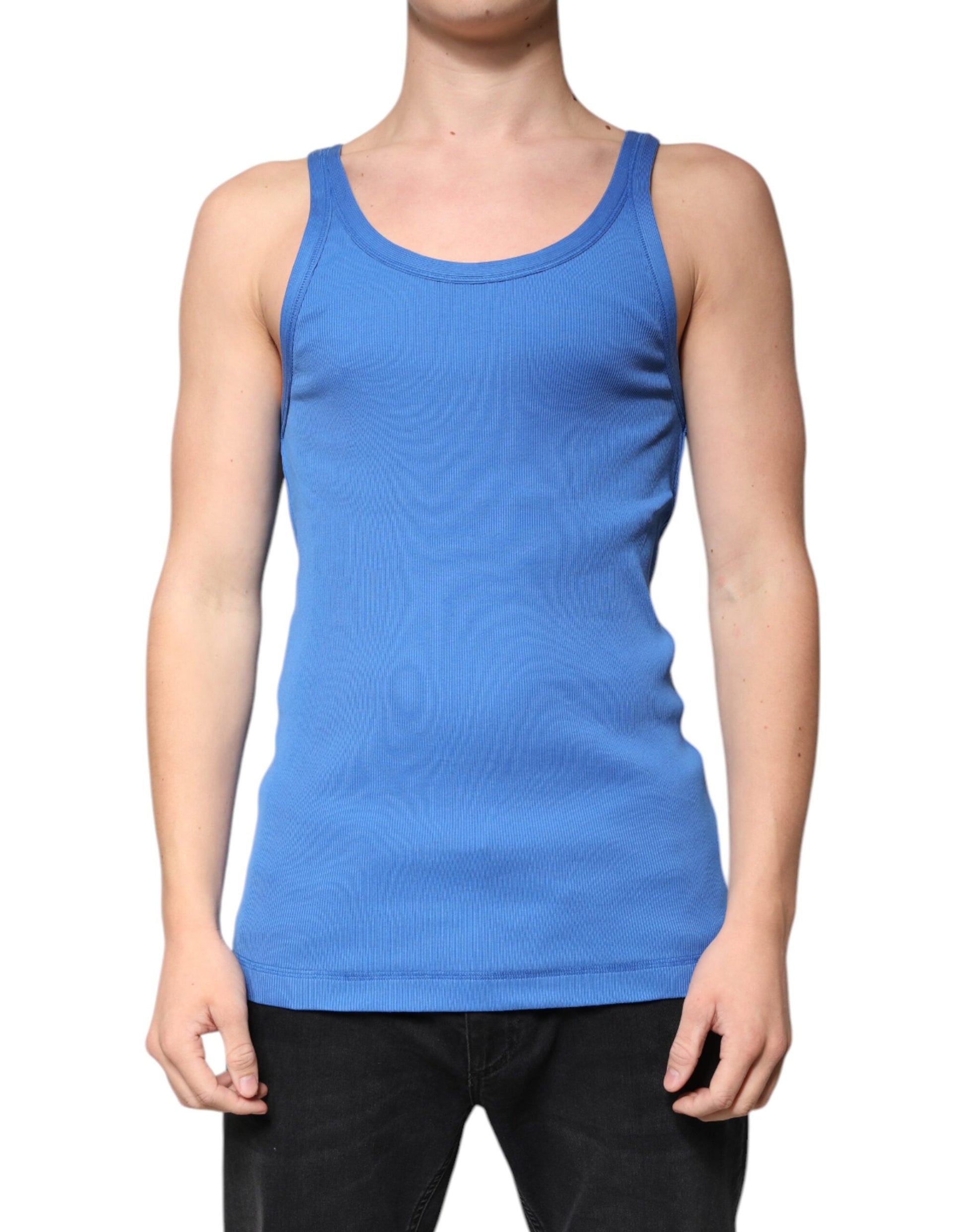 Blue Cotton Sleeveless Round Neck Tank T-shirt