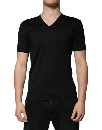 Black Cotton V-neck Short Sleeves T-shirt