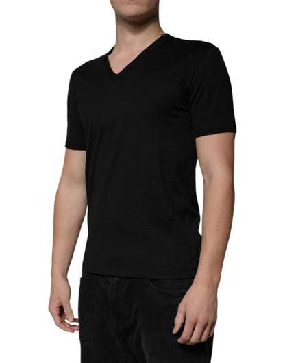 Black Cotton V-neck Short Sleeves T-shirt