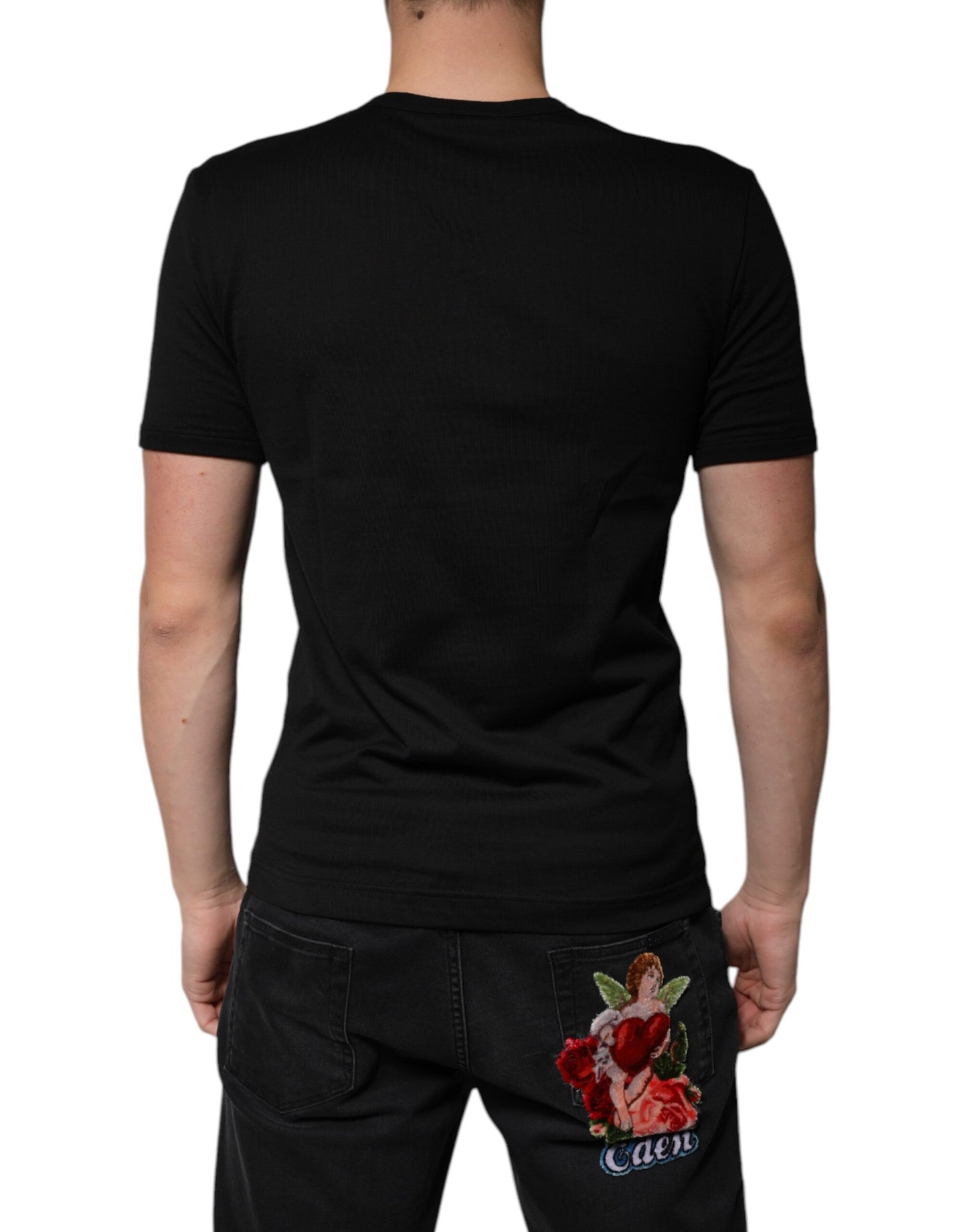 Black Cotton V-neck Short Sleeves T-shirt