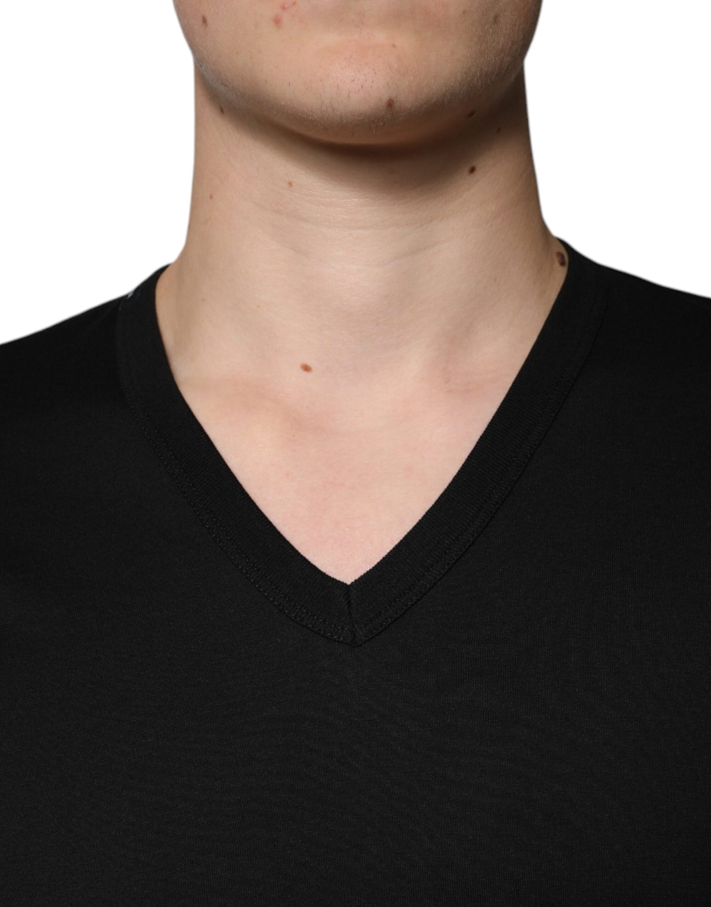 Black Cotton V-neck Short Sleeves T-shirt