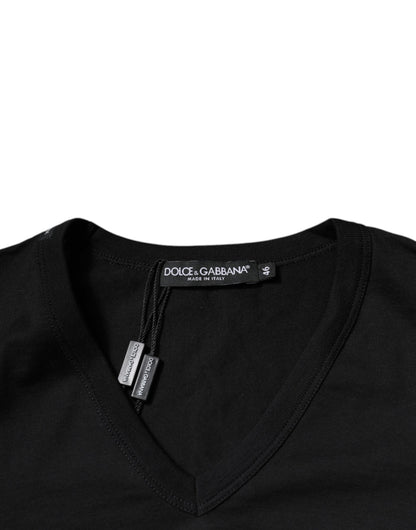 Black Cotton V-neck Short Sleeves T-shirt