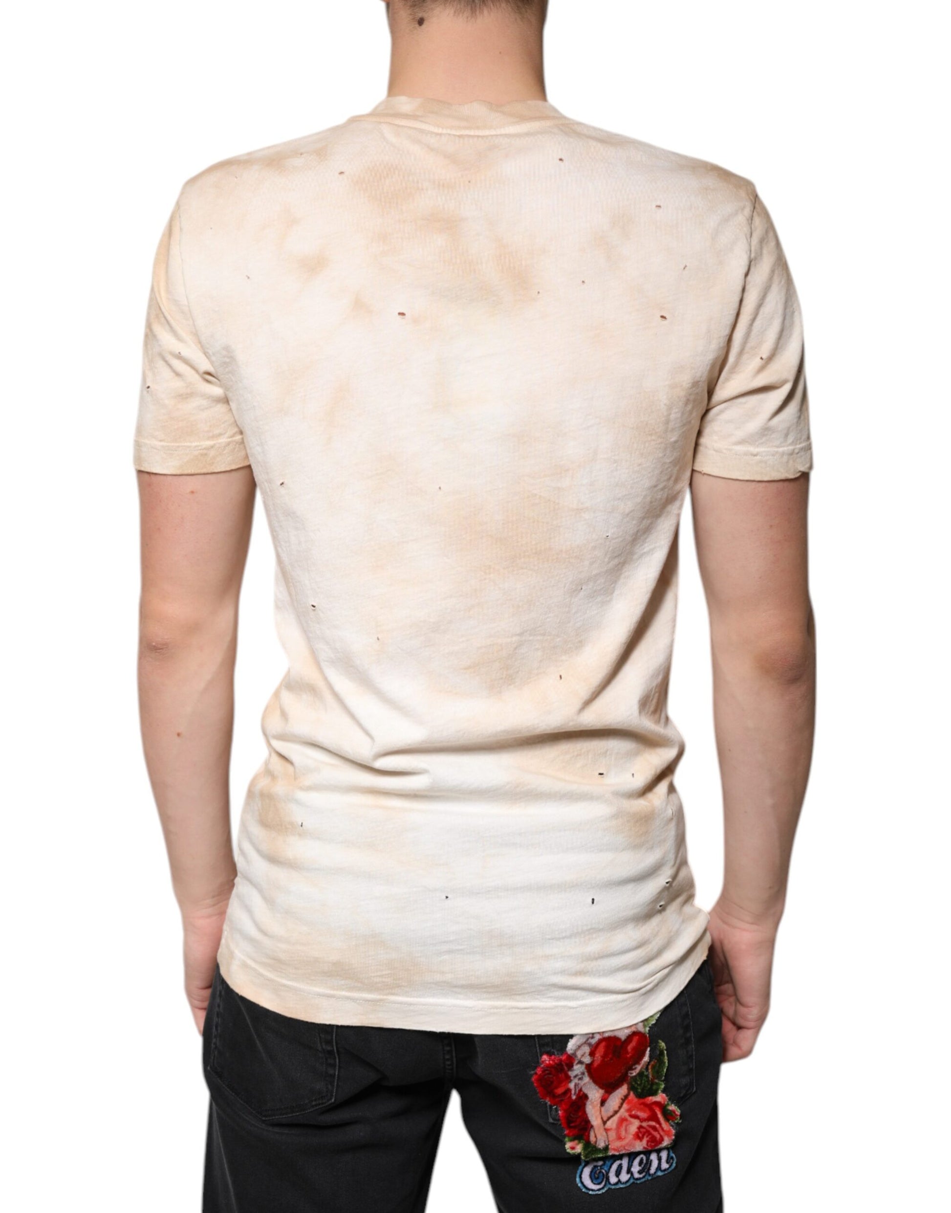 Beige Graphic Print Cotton V-neck T-shirt