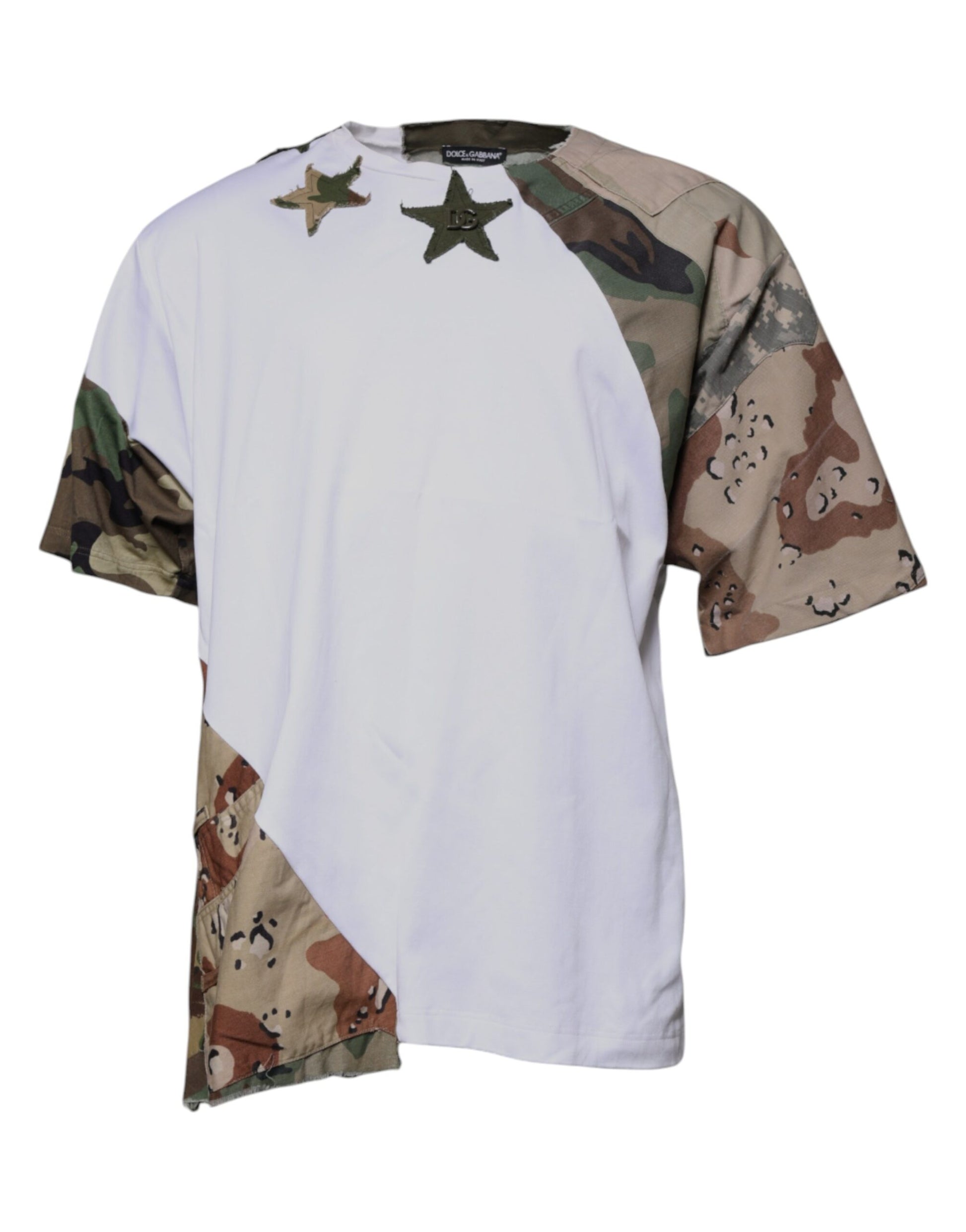 Camiseta de algodón con cuello redondo y estampado de camuflaje blanco