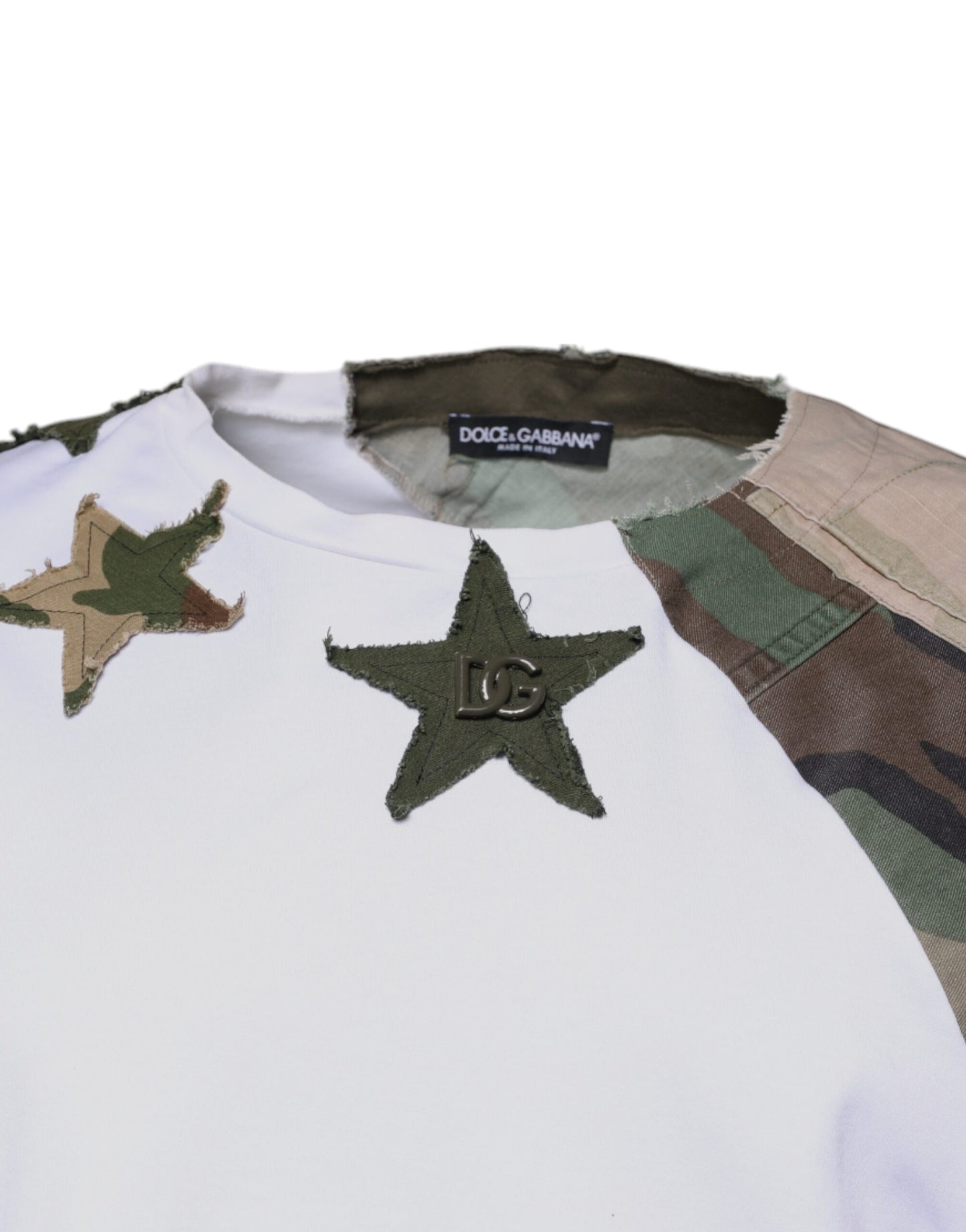 Camiseta de algodón con cuello redondo y estampado de camuflaje blanco