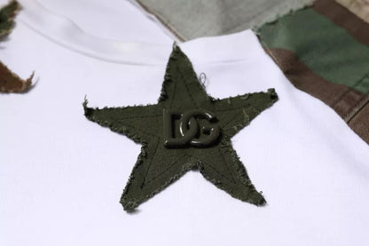 Camiseta de algodón con cuello redondo y estampado de camuflaje blanco