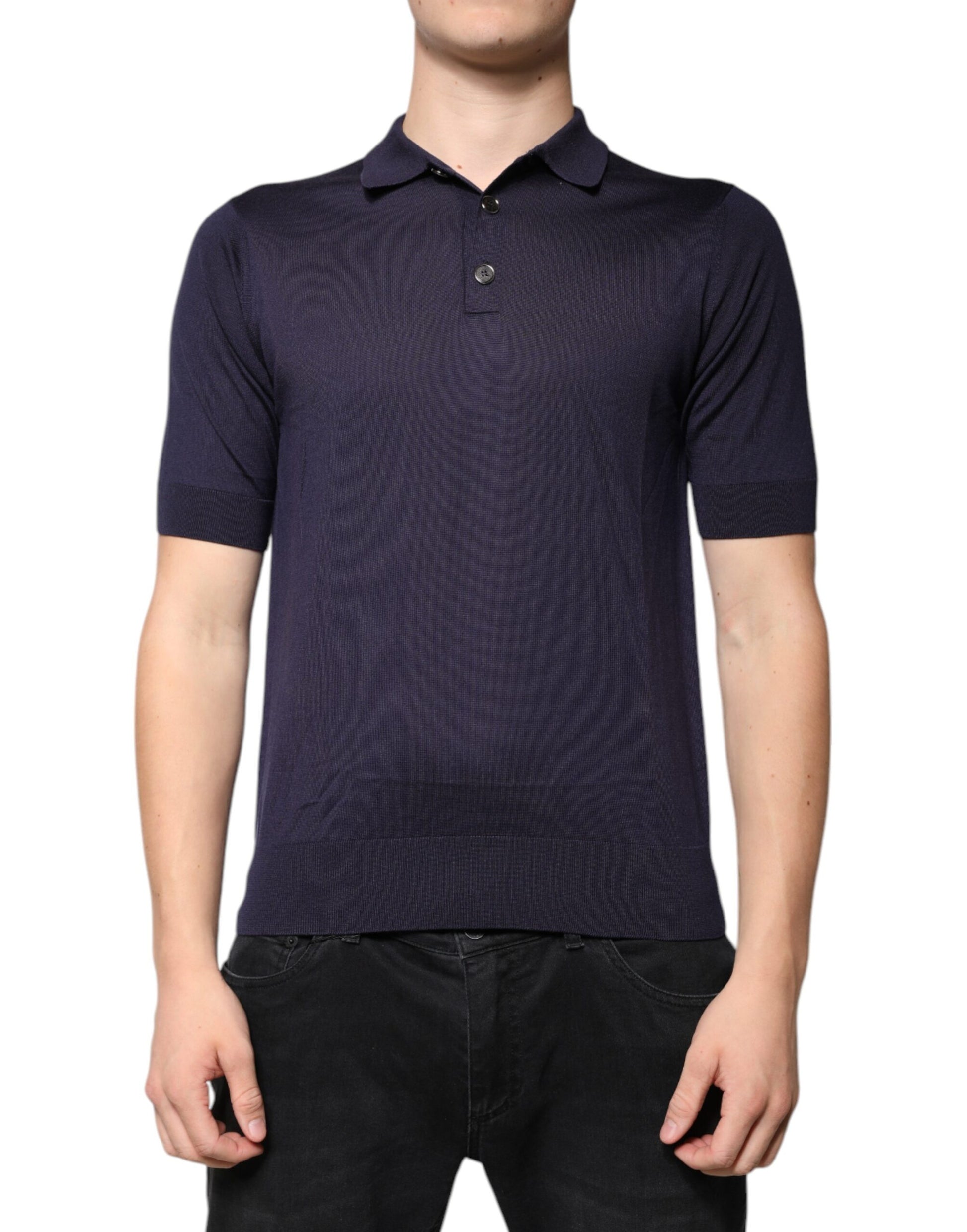 Blue Silk Collared Short Sleeves Polo T-shirt