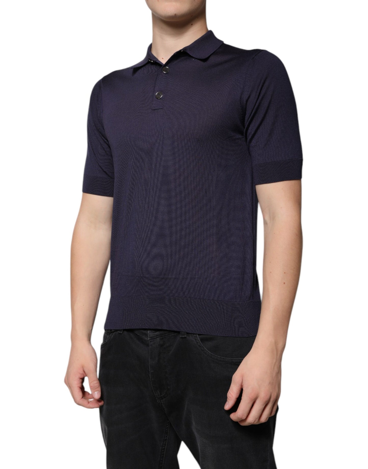 Blue Silk Collared Short Sleeves Polo T-shirt