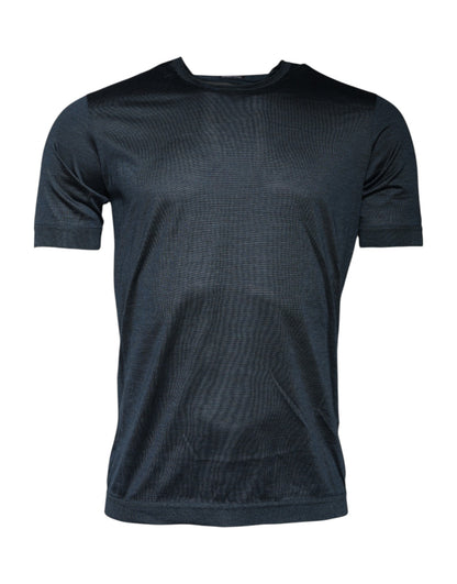 Dark Blue Silk Crew Neck Short Sleeve T-shirt