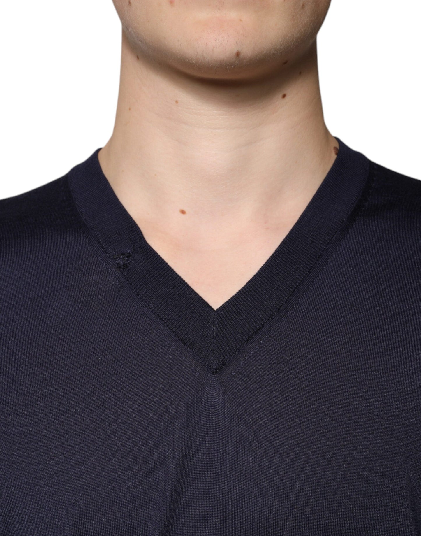 Navy Blue Silk V-neck Pullover Sweater