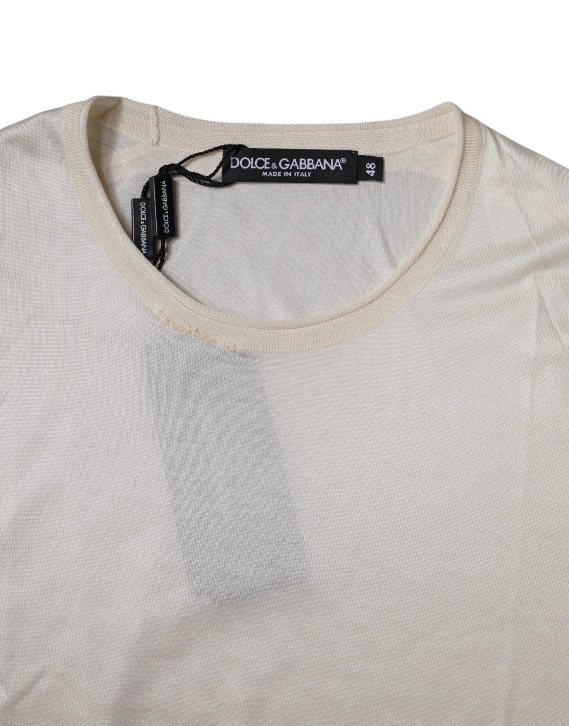 Off White Silk Crew Neck Short Sleeve T-shirt