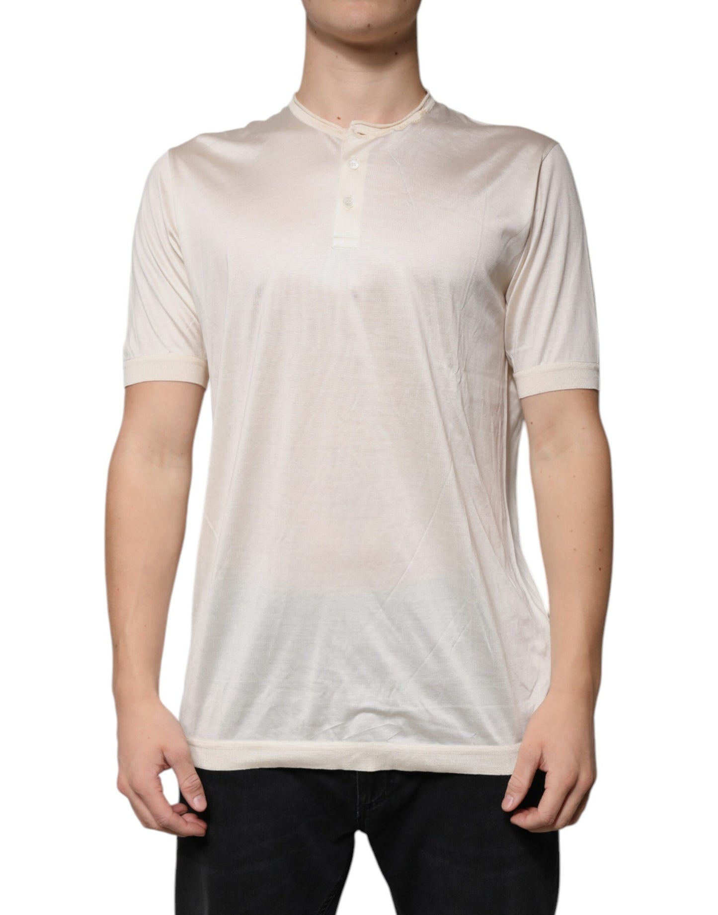 Off White Silk Crew Neck Henley T-shirt