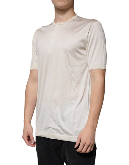 Off White Silk Crew Neck Henley T-shirt