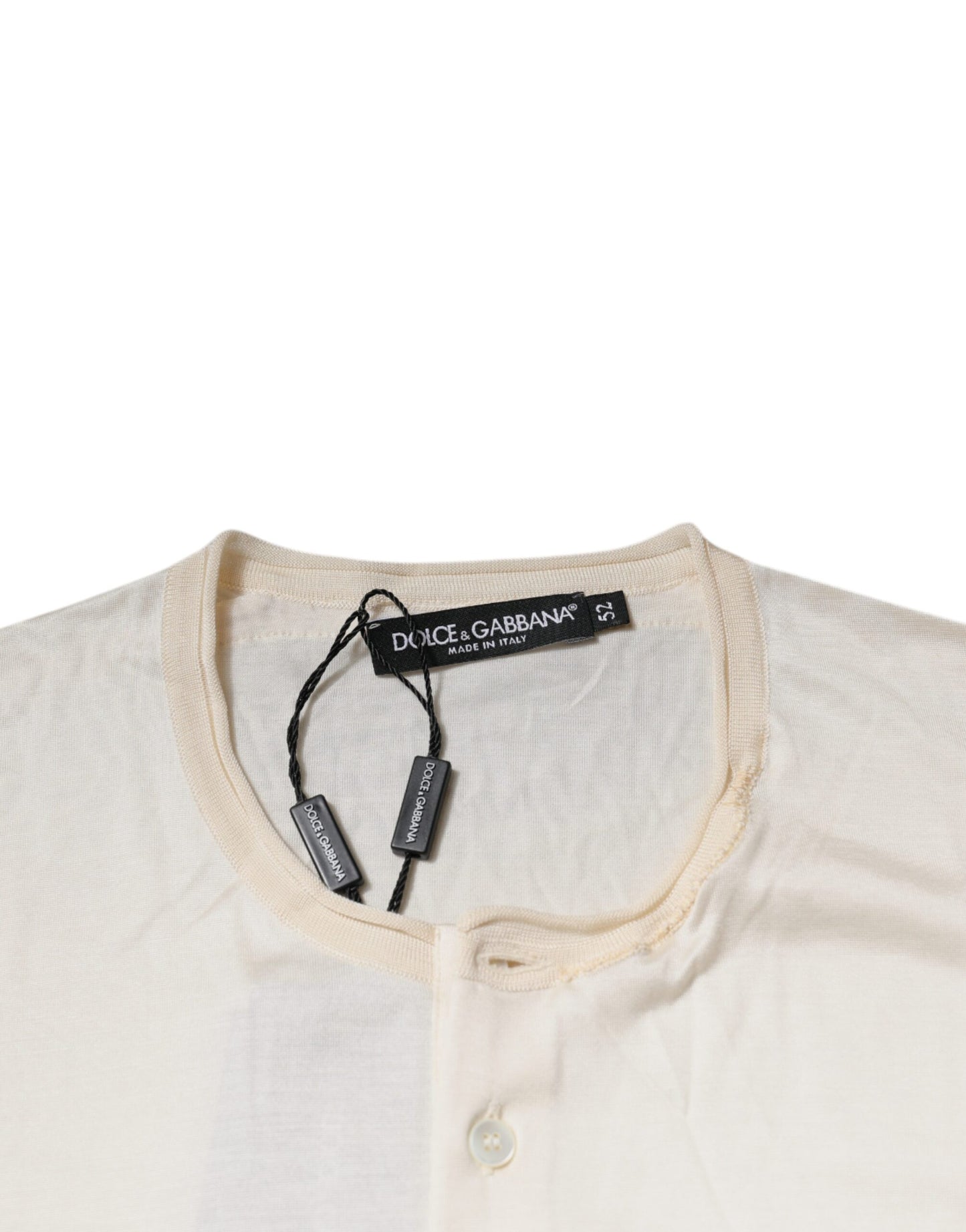 Off White Silk Crew Neck Henley T-shirt