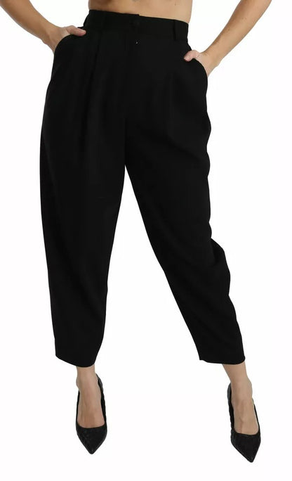 Black Wool High Waist Pleat Front Cropped Pants