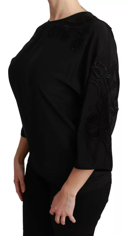 Black Floral Embroidered Blouse Silk Top