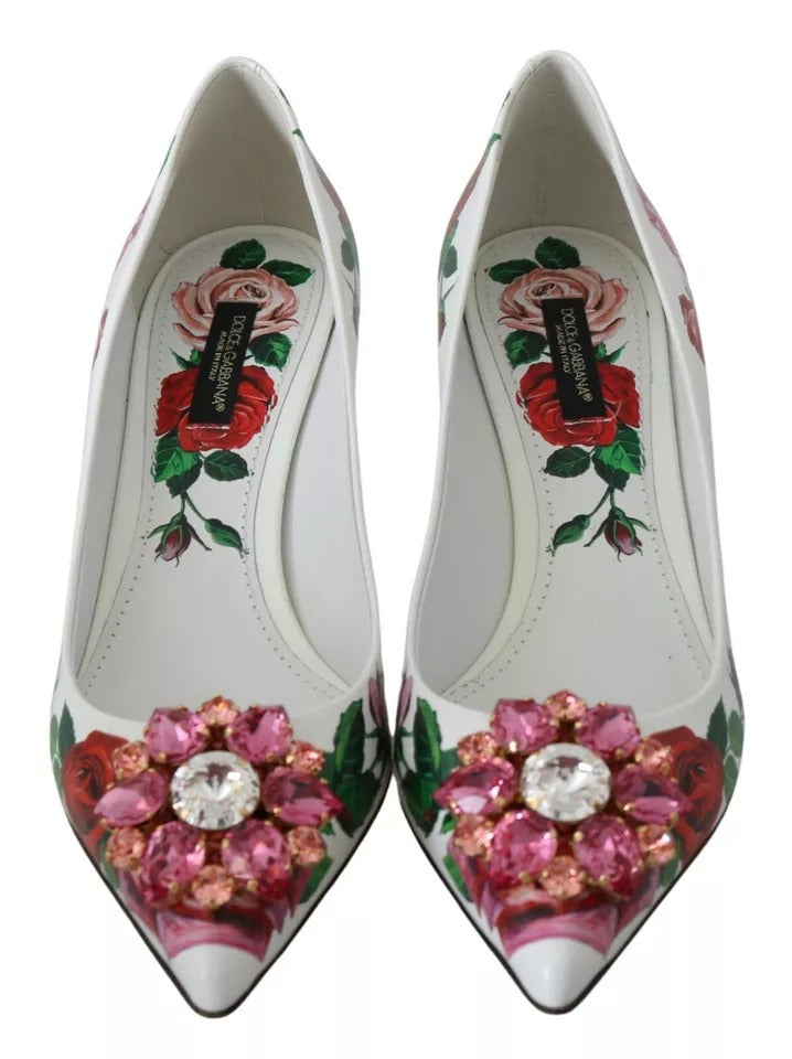 White Leather Roses Crystal Pumps Shoes