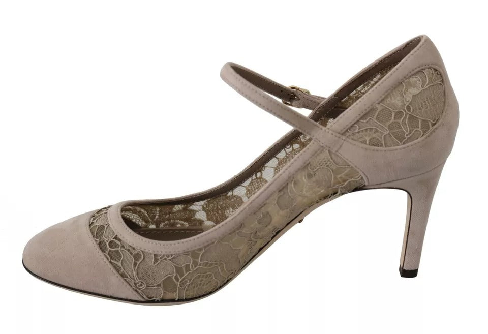 Beige Floral Lace Mary Janes Pumps Shoes