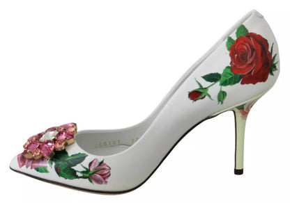 White Leather Roses Crystal Pumps Shoes