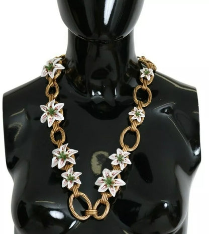 Gold Brass Oversize Chain LILY Flowers Necklace