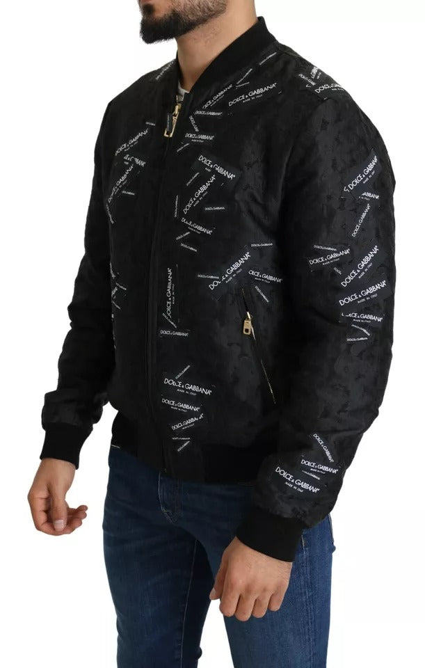 Black Logo Patch Brocade Bomber Full Zip Jacket