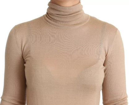 Beige Cashmere Silk Turtleneck Pullover Sweater