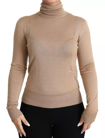 Beige Cashmere Silk Turtleneck Pullover Sweater