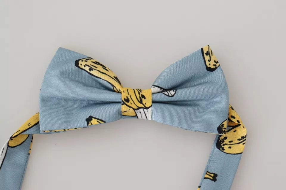 Light Blue Banana Print Silk Men Neck Bow Tie