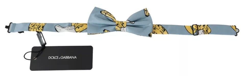 Light Blue Banana Print Silk Men Neck Bow Tie