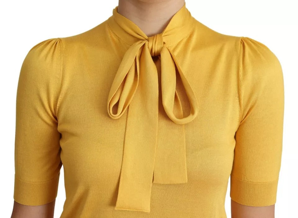 Yellow Silk Knit Pullover Ascot Collar Top