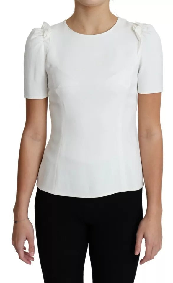 White Viscose Stretch Short Sleeves Blouse Top