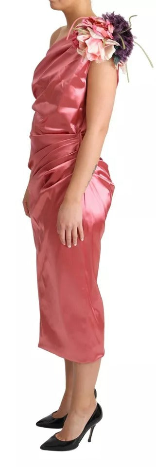 Pink Draped Midi Flower Applique Dress