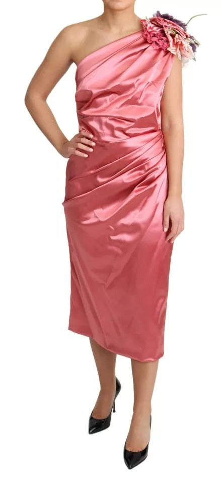 Pink Draped Midi Flower Applique Dress