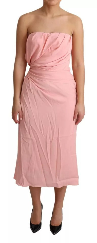 Pink Silk Stretch Strapless Sheath Midi Dress