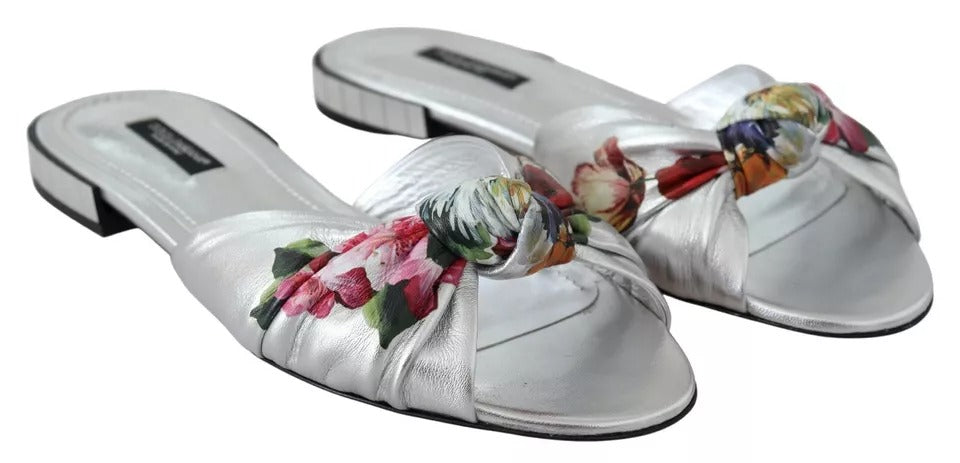 Silver Metallic Leather Floral Pattern Shoes