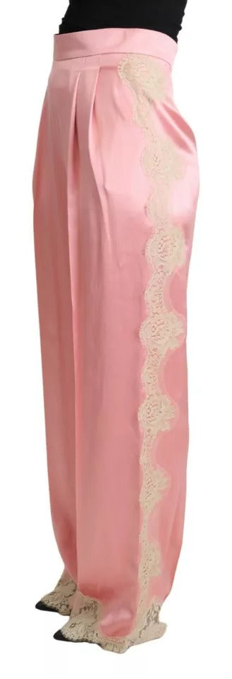 Pink Lace Trimmed Silk Satin Wide Legs Pants