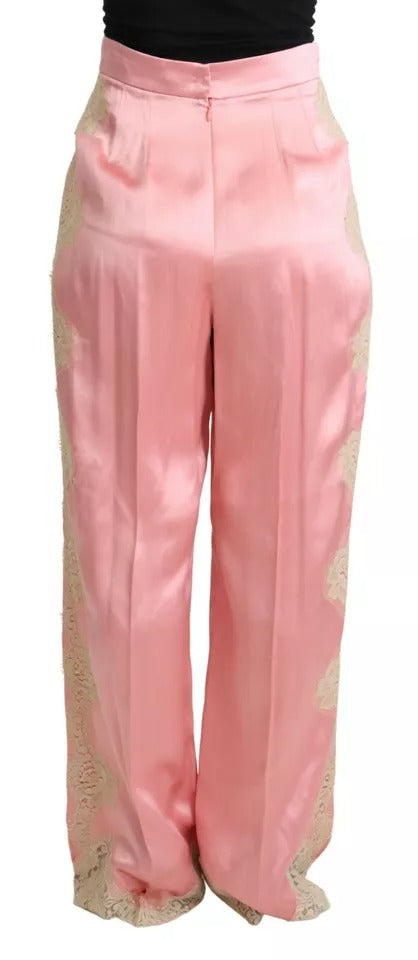 Pink Lace Trimmed Silk Satin Wide Legs Pants