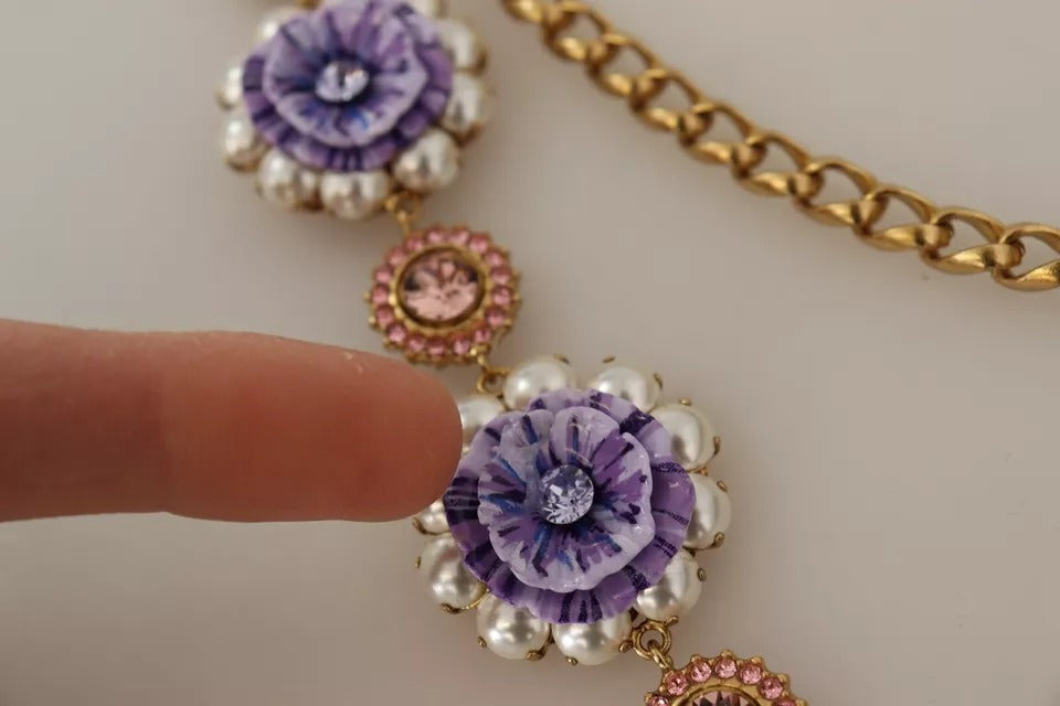 Gold Tone Floral Crystals Purple Embellished Necklace