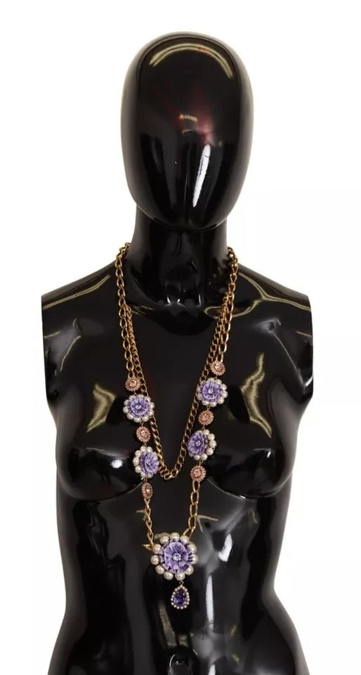 Gold Tone Floral Crystals Purple Embellished Necklace