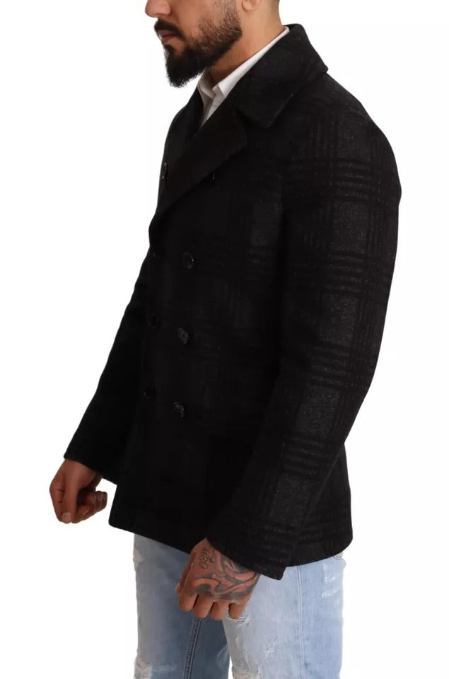 Black Trench Coat Check Wool Jacket