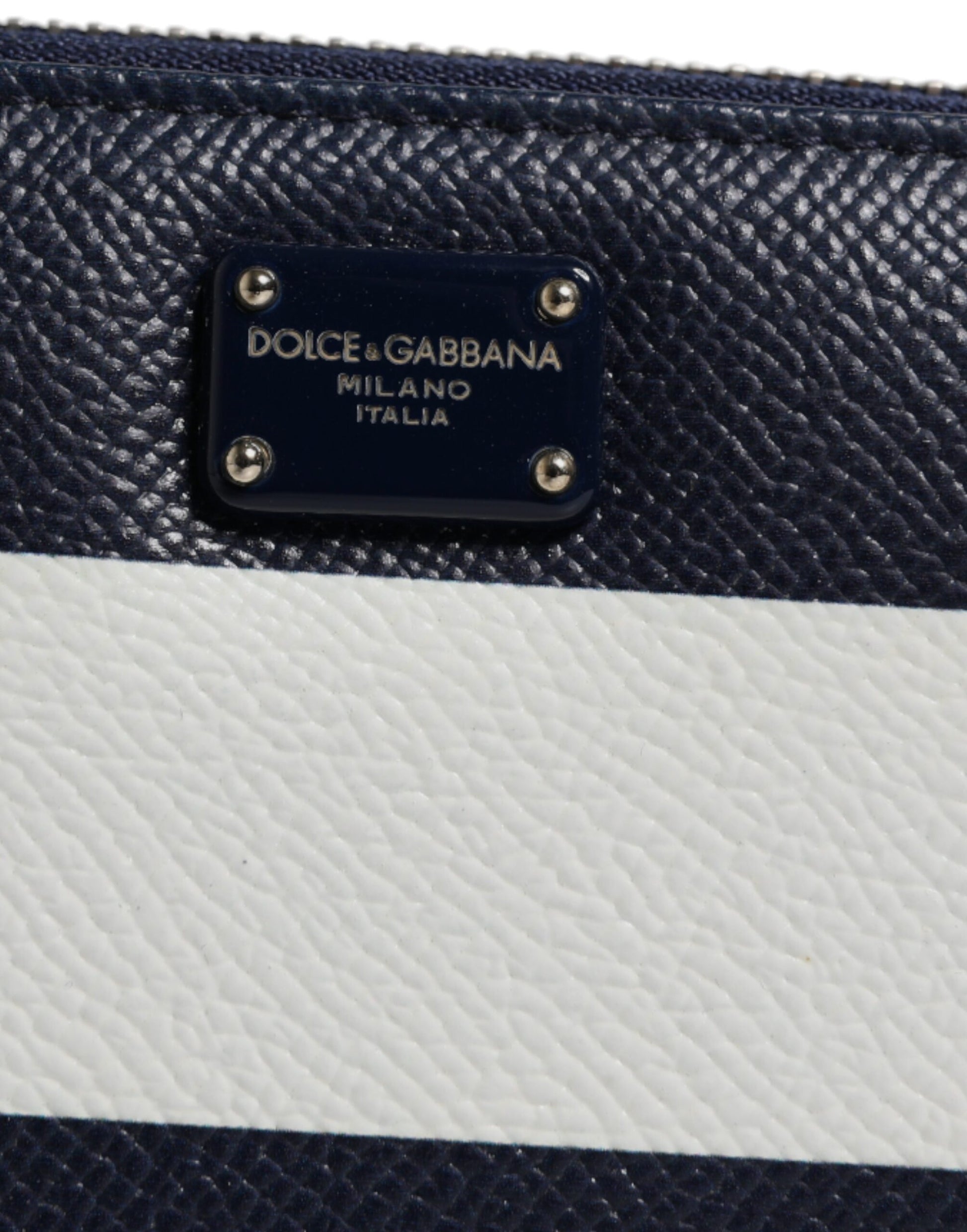 Cartera continental de piel con cremallera a rayas blancas y azules