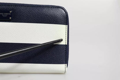 Cartera continental de piel con cremallera a rayas blancas y azules