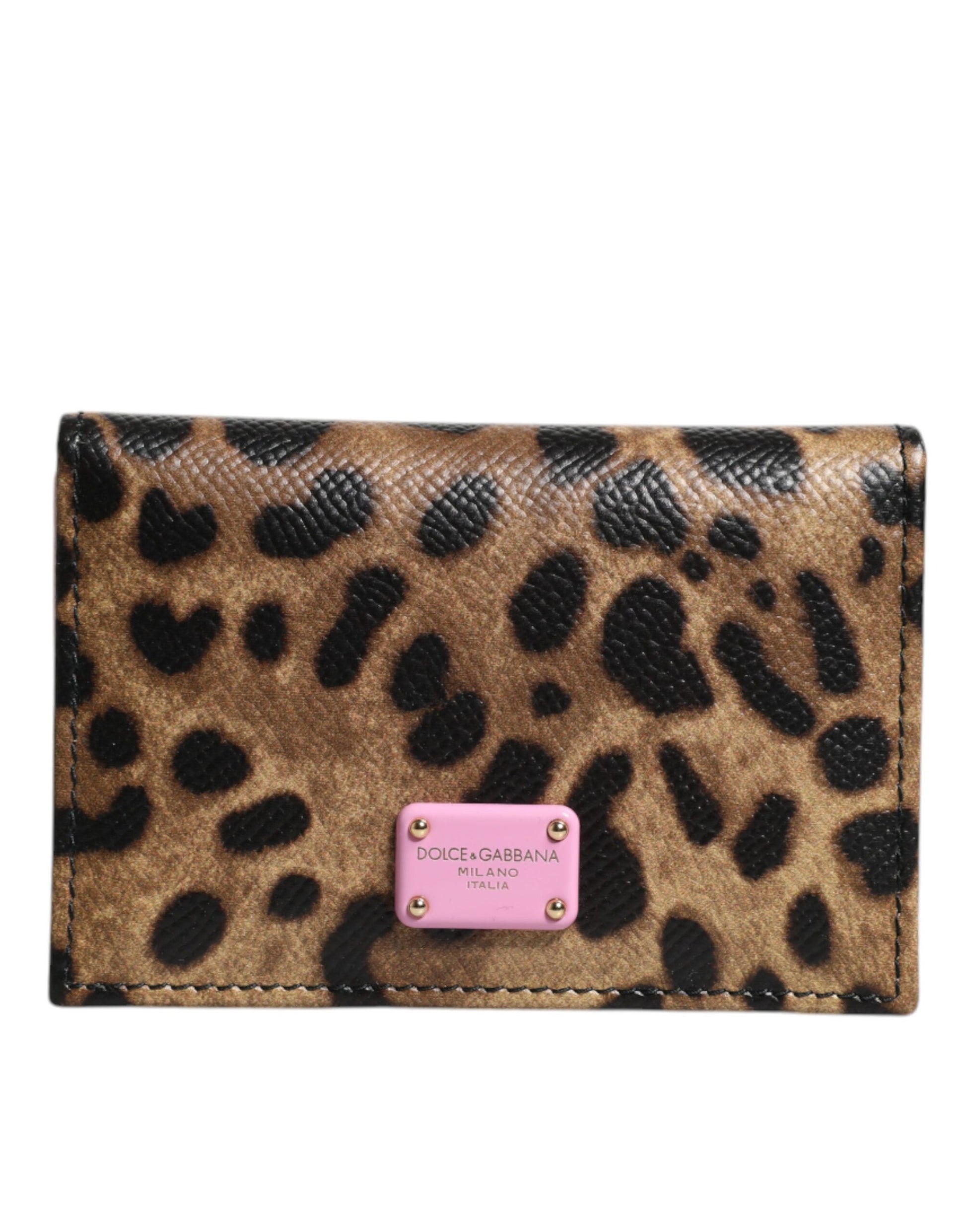 Brown Pink Leopard Leather DG Logo Bifold Card Slot Wallet