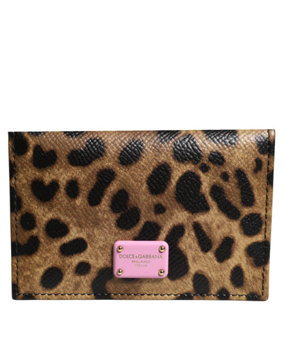 Brown Pink Leopard Leather DG Logo Bifold Card Slot Wallet