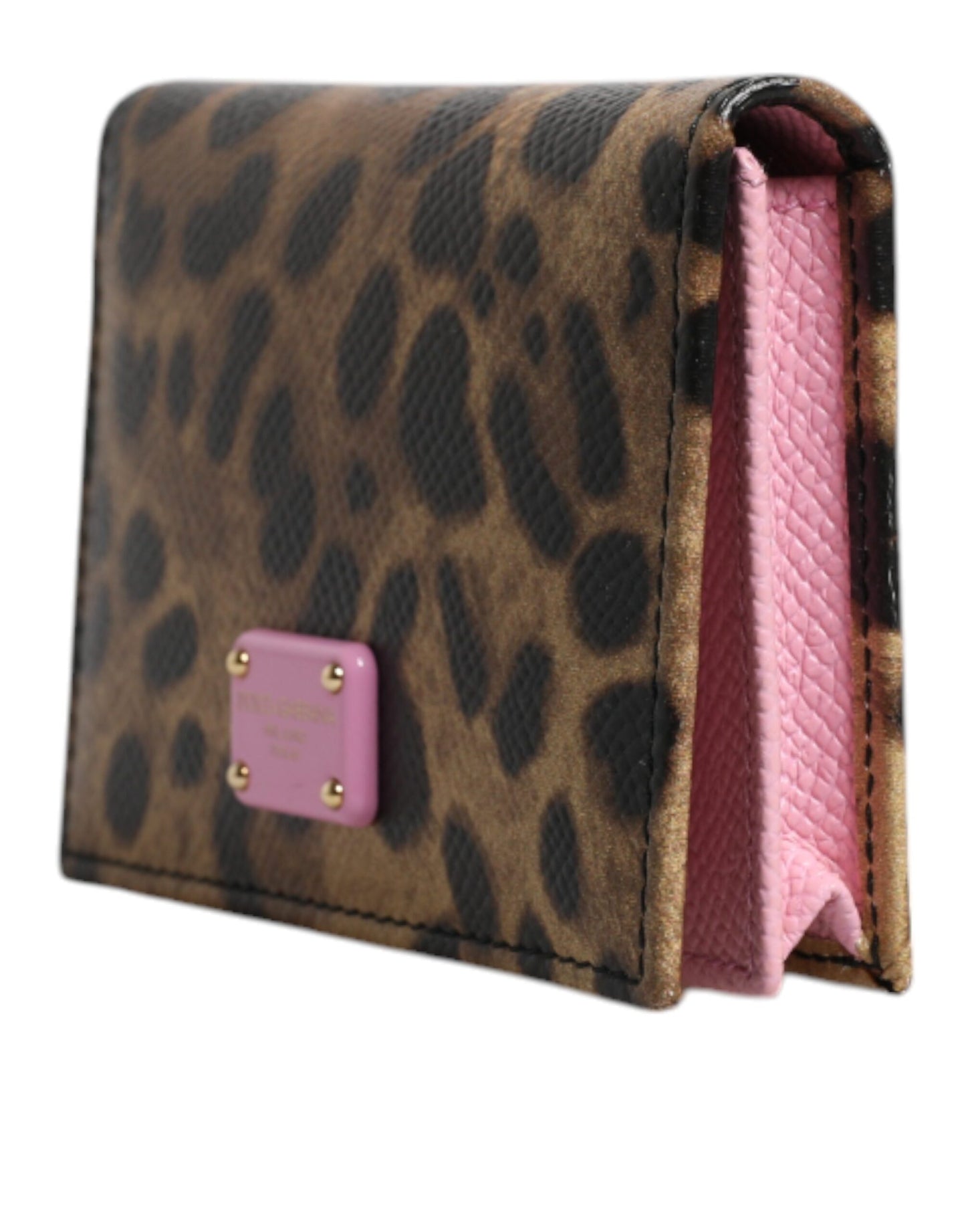 Brown Pink Leopard Leather DG Logo Bifold Card Slot Wallet