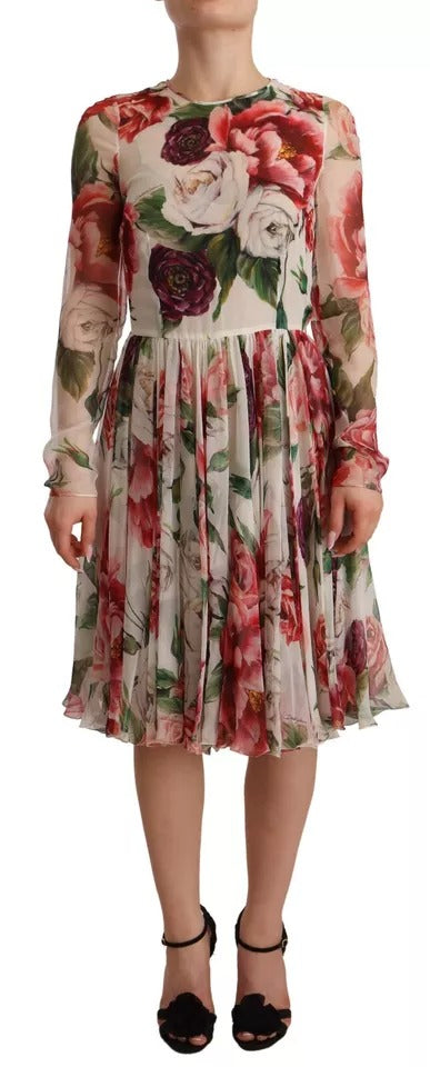 White Floral Silk Long Sleeves Pleated Dress