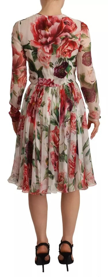 White Floral Silk Long Sleeves Pleated Dress