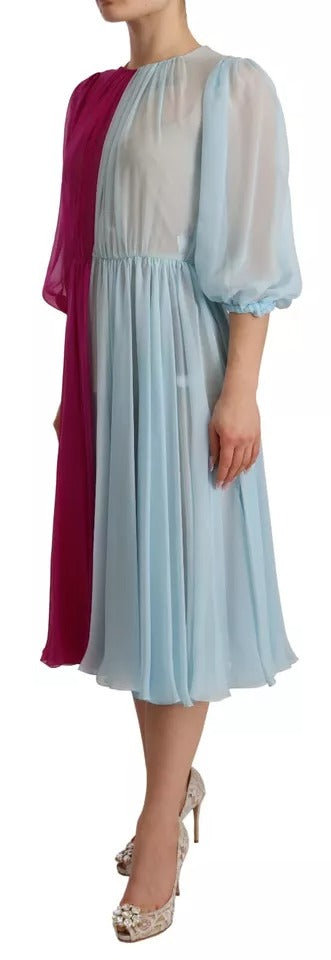 Fuchsia Light Blue Silk Two Tone Midi Dress