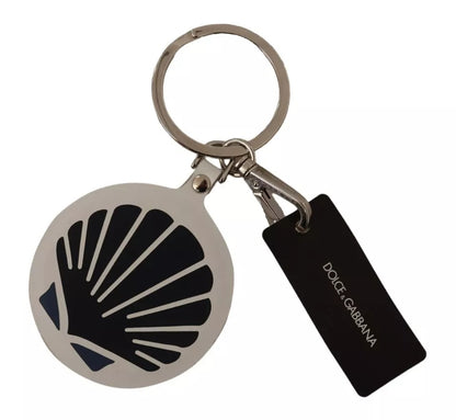 White Leather Shell Metal Silver Tone Keyring Keychain