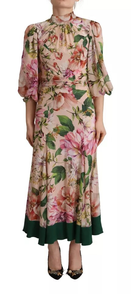 Pink A-line Sheath Floral Pussy Bow Long Dress